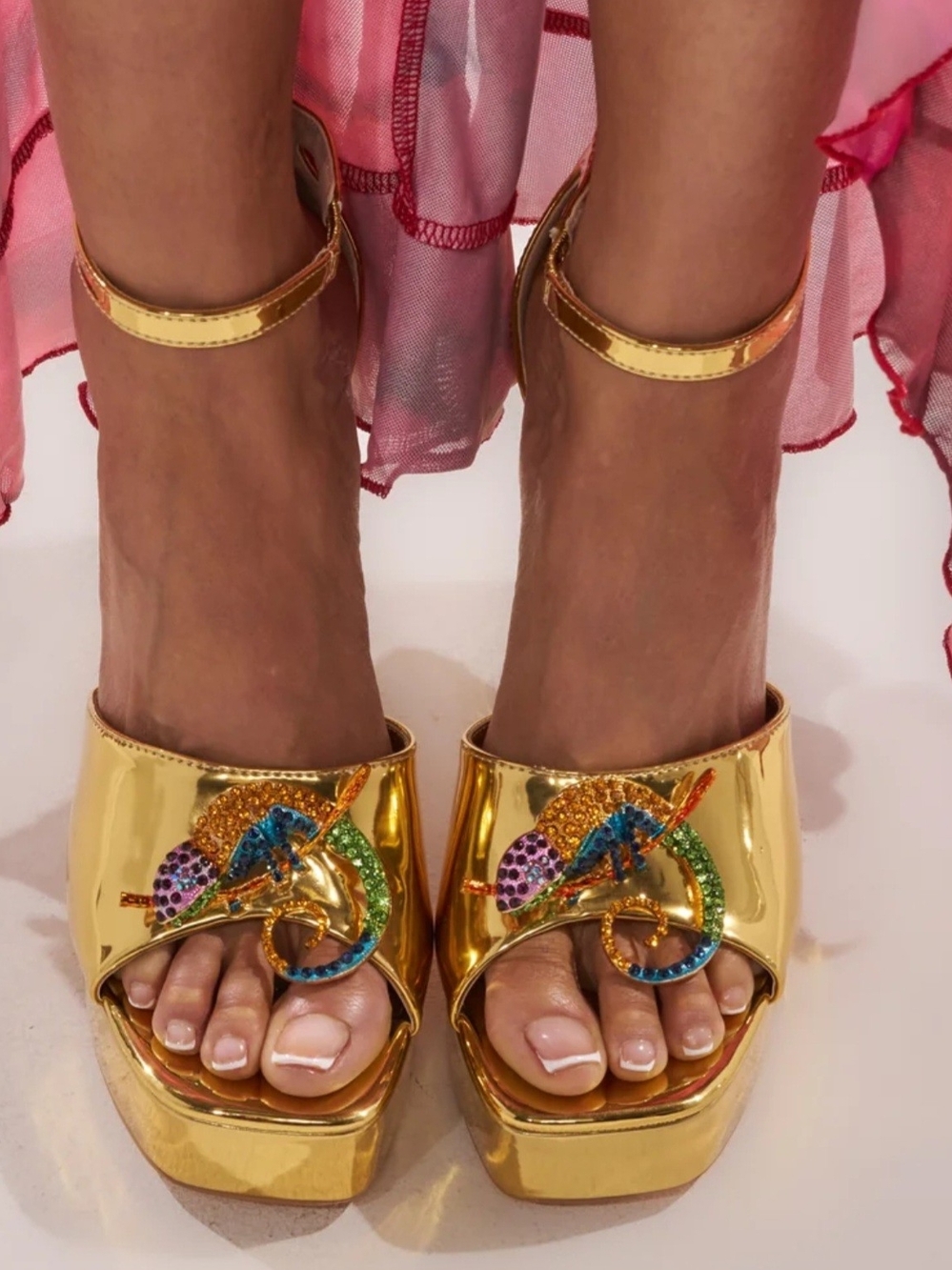 Gold Metallic Platform Heels with Multicolor Jeweled Chameleon